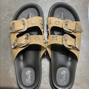 Pink Lily Tan and Black Sandals